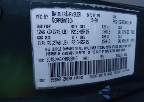 2000 Chrysler Grand Voyager Se из США, поврежденный, VIN 2C4GJ44GXYR832845